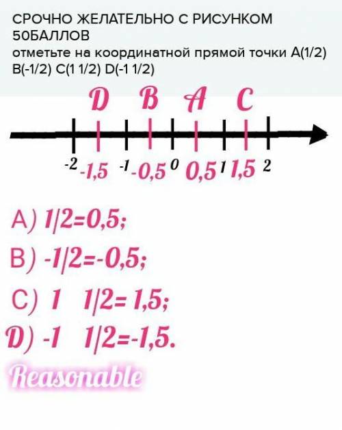 ЖЕЛАТЕЛЬНО С РИСУНКОМ отметьте на координатной прямой точки А(1/2) B(-1/2) C(1 1/2) D(-1 1/2)