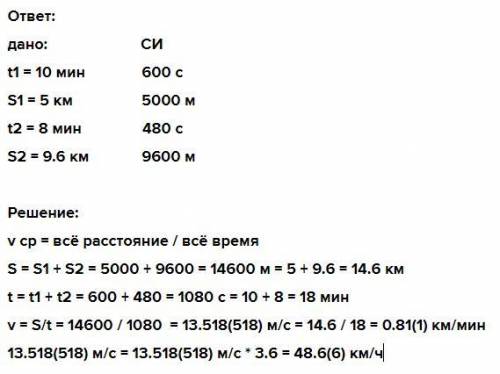 Мотоциклист за первые 10 МИН ДВикения проехал 5 км а за следующие 8 мин 9,6 км какова средняя скорос