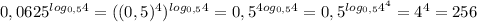 0,0625^{log_{0,5}4}=((0,5)^4)^{log_{0,5}4}=0,5^{4{og_{0,5}4}}=0,5^{log_{0,5}4^4}=4^4=256