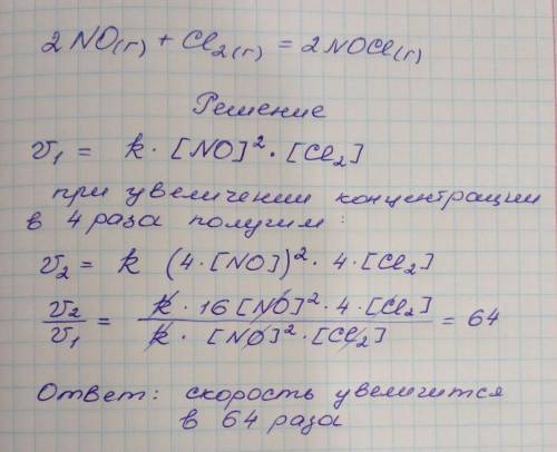 определите, как изменится скорость прямой реакции: 2NOr)+Cl2(r)=2NOCl(r) при увеличении концентрации