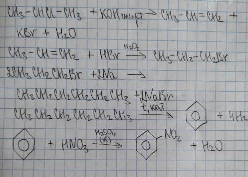 Цепочки по химии: 1) 2-хлорпропан (KOH, спирт)--->X1(HBr, H2O)--->X2(Na,t)--->X3(t,k)--->