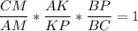 \displaystyle \frac{CM}{AM} *\frac{AK}{KP} *\frac{BP}{BC} =1