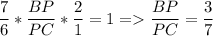 \displaystyle \frac{7}{6} *\frac{BP}{PC} *\frac{2}{1} =1 = \displaystyle \frac{BP}{PC} =\frac{3}{7}