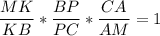 \displaystyle \frac{MK}{KB} *\frac{BP}{PC} *\frac{CA}{AM} =1