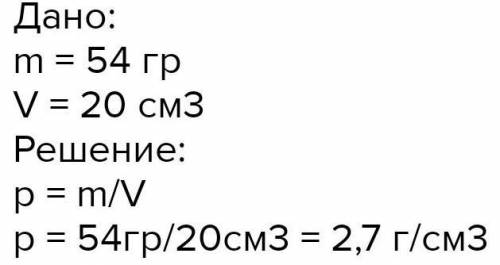 Цилиндр, массой 54 г, имеет объем 20 см3. Найдите плотность вещества.