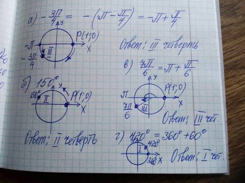 Указать четверть, в которой находится точка, полученная поворотом точки Р (1;0) на заданный угол: а)