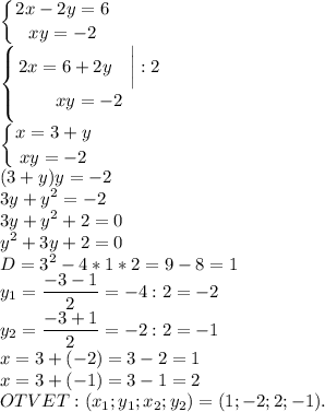 \displaystyle\left \{ {{2x-2y=6} \atop {xy=-2}} \right. \\\left \{ {{2x=6+2y~~~\bigg|:2} \atop {xy=-2}} \right. \\\left \{ {{x=3+y} \atop {xy=-2}} \right. \\(3+y)y=-2\\3y+y^2=-2\\3y+y^2+2=0\\y^2+3y+2=0\\D=3^2-4*1*2=9-8=1\\y_1=\dfrac{-3-1}{2} =-4:2=-2\\y_2=\dfrac{-3+1}{2} =-2:2=-1\\x=3+(-2)=3-2=1\\x=3+(-1)=3-1=2\\OTVET:(x_1;y_1;x_2;y_2)=(1;-2;2;-1).