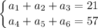 \displaystyle \left \{ {{a_{1}+a_{2}+a_{3}=21} \atop {a_{4}+a_{5}+a_{6}=57}} \right.