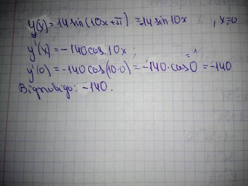 Обчислити у точці x=0 значення похідної наступної функції: y(x)=14sin(10x+π)