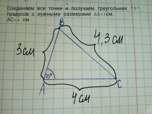 2. Постройте треугольник, если его угол А равен 75°, сторона AB=3 см, а сторона АС=4 см. Определите