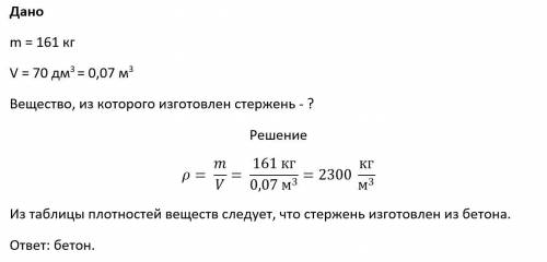 Стержень массой 161 кг имеет объем 70дм³Определите из какого вещества состоит стержень с дано и реше