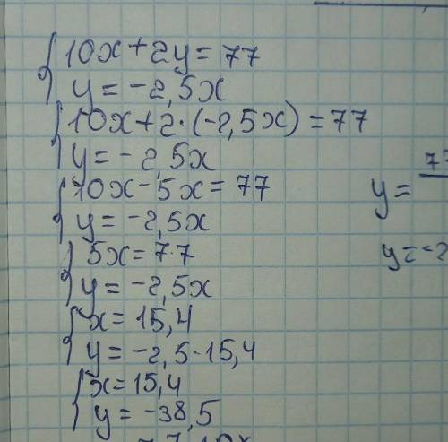 Найди точку пересечения графиков, заданных формулами 10x+2y=77 и y=−2,5x без построения. ответ (в ка