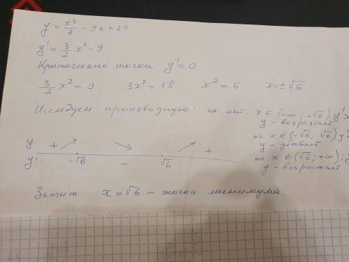 Найдите точку минимума функции y = x^3/2 - 9x + 21