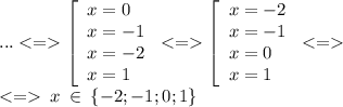 \\ ... < = \left[ \begin{array}{l}x = 0 \\ x = - 1\\ x = - 2\\ x = 1 \end{array} \right. < = \left[ \begin{array}{l}x = - 2 \\ x = - 1\\ x = 0\\ x = 1 \end{array} \right. < = \\ < = \: x \: \in \: \{ -2;-1;0;1\}