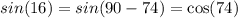 sin(16 )= sin(90 - 74) = \cos(74)