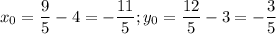 x_0=\dfrac{9}{5}-4=-\dfrac{11}{5}; y_0=\dfrac{12}{5}-3=-\dfrac{3}{5}