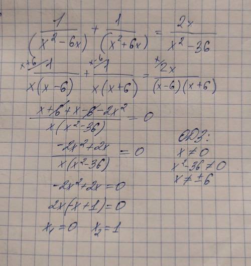 Решите уравнение 1/x^2-6x + 1/x^2+6x = 2x/x^2-36