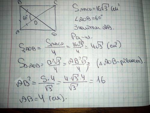Площа прямокутника дорівнює 16корінь3 см2, а кут між його діагоналями - 60°. Знайдіть меншу сторону