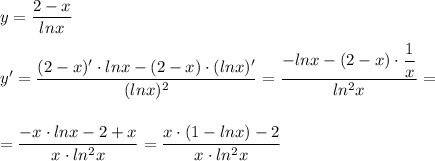 y=\dfrac{2-x}{lnx}\\\\y'=\dfrac{(2-x)'\cdot lnx-(2-x)\cdot (lnx)'}{(lnx)^2}=\dfrac{-lnx-(2-x)\cdot \dfrac{1}{x}}{ln^2x}=\\\\\\=\dfrac{-x\cdot lnx-2+x}{x\cdot ln^2x}=\dfrac{x\cdot (1-lnx)-2}{x\cdot ln^2x}