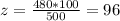 z = \frac{480*100}{500}= 96