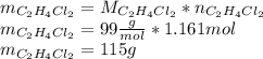 m_{C_2H_4Cl_2}=M_{C_2H_4Cl_2}*n_{C_2H_4Cl_2}\\m_{C_2H_4Cl_2}=99\frac{g}{mol} *1.161mol\\m_{C_2H_4Cl_2}=115g