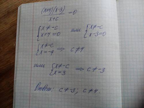 При яких значеннях параметра c рівняння ((x+4)(x-3))/(x+c)=0 має два ровз'язки?