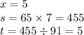 x = 5 \\ s = 65 \times 7 = 455 \\ t = 455 \div 91 = 5