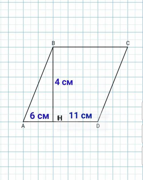 в паралеограме ABCD проведена высота BH к стороне AD известно что BH=4 AH=6 DH=11 найди площадб паре