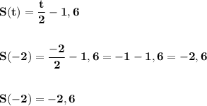 \displaystyle\bf\\S(t)=\frac{t}{2} -1,6\\\\\\S(-2)=\frac{-2}{2} -1,6=-1-1,6=-2,6\\\\\\S(-2)=-2,6