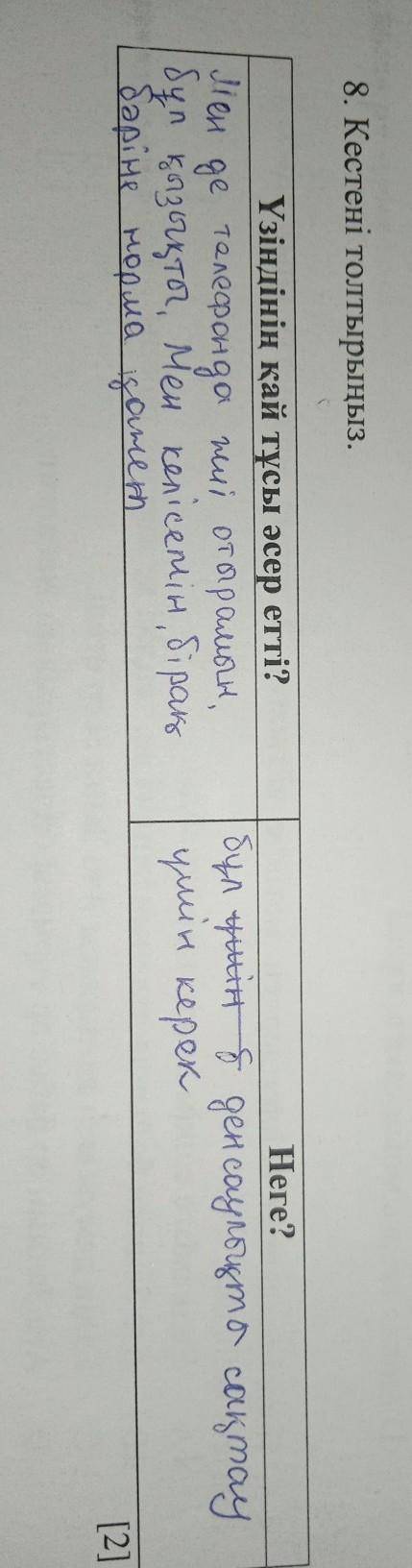 7. Сіздің бұл мәселе бойынша көзқарасыңыз қандай? 8. Кестені толтырыңыз. Үзіндінің қай тұсы әсер етт