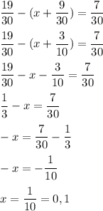 \displaystyle \frac{19}{30}-(x+\frac{9}{30})=\frac{7}{30}\\\\\frac{19}{30}-(x+\frac{3}{10})=\frac{7}{30}\\\\\frac{19}{30}-x-\frac{3}{10}=\frac{7}{30}\\\\\frac{1}{3}-x=\frac{7}{30}\\\\-x=\frac{7}{30}-\frac{1}{3}\\\\-x=-\frac{1}{10}\\\\x=\frac{1}{10}=0,1