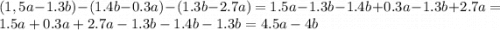 (1,5a-1.3b)-(1.4b-0.3a)-(1.3b-2.7a)=1.5a-1.3b-1.4b+0.3a-1.3b+2.7a = 1.5a+0.3a+2.7a-1.3b-1.4b-1.3b = 4.5a-4b