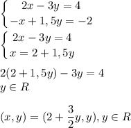 \displaystyle \left \{ {{2x-3y=4} \atop {-x+1,5y=-2}} \right.\\\\\left \{ {{2x-3y=4} \atop {x=2+1,5y}} \right.\\\\2(2+1,5y)-3y=4\\y \in R\\\\(x,y)=(2+\frac{3}{2}y,y),y \in R