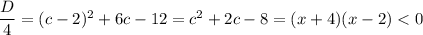 \dfrac{D}{4}=(c-2)^2+6c-12=c^2+2c-8=(x+4)(x-2)