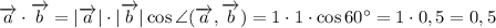 \overrightarrow{a} \cdot \overrightarrow{b} = | \overrightarrow{a}| \cdot |\overrightarrow{b} | \cos \angle (\overrightarrow{a} , \overrightarrow{b}) = 1 \cdot 1 \cdot \cos 60^{\circ} = 1 \cdot 0,5 = 0,5