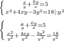 \left \{ {{\frac{x}{y} +\frac{6y}{x} =5} \atop {x^2+4xy-3y^2=18 |:y^2}} \right. \\\\\left \{ {{\frac{x}{y} +\frac{6y}{x} =5} \atop {\frac{x^2}{y^2} +\frac{4xy}{y^2}-\frac{3y^2}{y^2} =\frac{18}{y^2} }} \right.