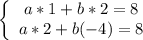 \left \{ \begin{array}{cc} a*1 + b*2=8 \\ a*2+b(-4)=8 \end{array}\right