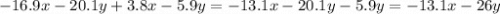 -16.9x-20.1y+3.8x-5.9y =-13.1x-20.1y-5.9y=-13.1x-26y