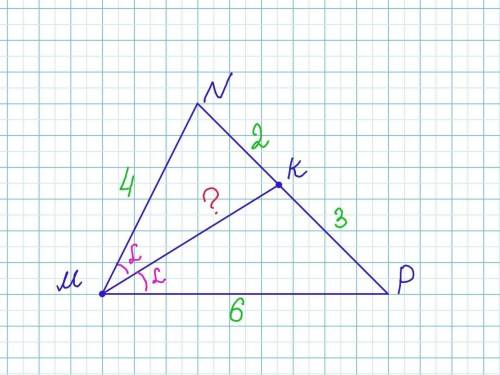 У трикутнику MNP MN=4, MP = 6, а на стороні NP обрано точку К так. що NK = 2, КР = 3. Знайдіть довжи