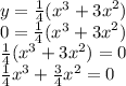 y = \frac{1}{4} ( {x}^{3} + {3x}^{2}) \\ 0 = \frac{1}{4}( {x}^{3} + {3x}^{2}) \\ \frac{1}{4}( {x}^{3} + {3x}^{2}) = 0 \\ \frac{1}{4} x {}^{3} + \frac{3}{4} {x}^{2} = 0