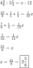 4\frac{3}{8} : 5 \frac{1}{4}=x:12\\\ \\ \frac{35}{8} *\frac{1}{5}*\frac{1}{4}=\frac{1}{12}x\\ \\ \frac{7}{8}*\frac{1}{4}=\frac{1}{12}x\\ \\ \frac{7}{32}=\frac{1}{12}x\\ \\ \frac{21}{8}=x \\ \\ x=\frac{21}{8} = \boxed{2\frac{5}{8}}