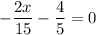 \displaystyle- \frac{2x}{15} -\frac{4}{5} =0