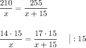 \displaystyle \frac{210}{x} =\frac{255}{x+15} \\\\\\ \frac{14\cdot 15}{x} =\frac{17\cdot 15}{x+15} ~~~ ~ \big | :15 \\\\\\