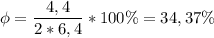 \displaystyle \phi =\frac{4,4}{2*6,4} *100 \%=34,37\%