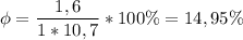 \displaystyle \phi =\frac{1,6}{1*10,7} *100 \%=14,95\%