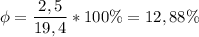 \displaystyle \phi =\frac{2,5}{19,4} *100 \%=12,88\%