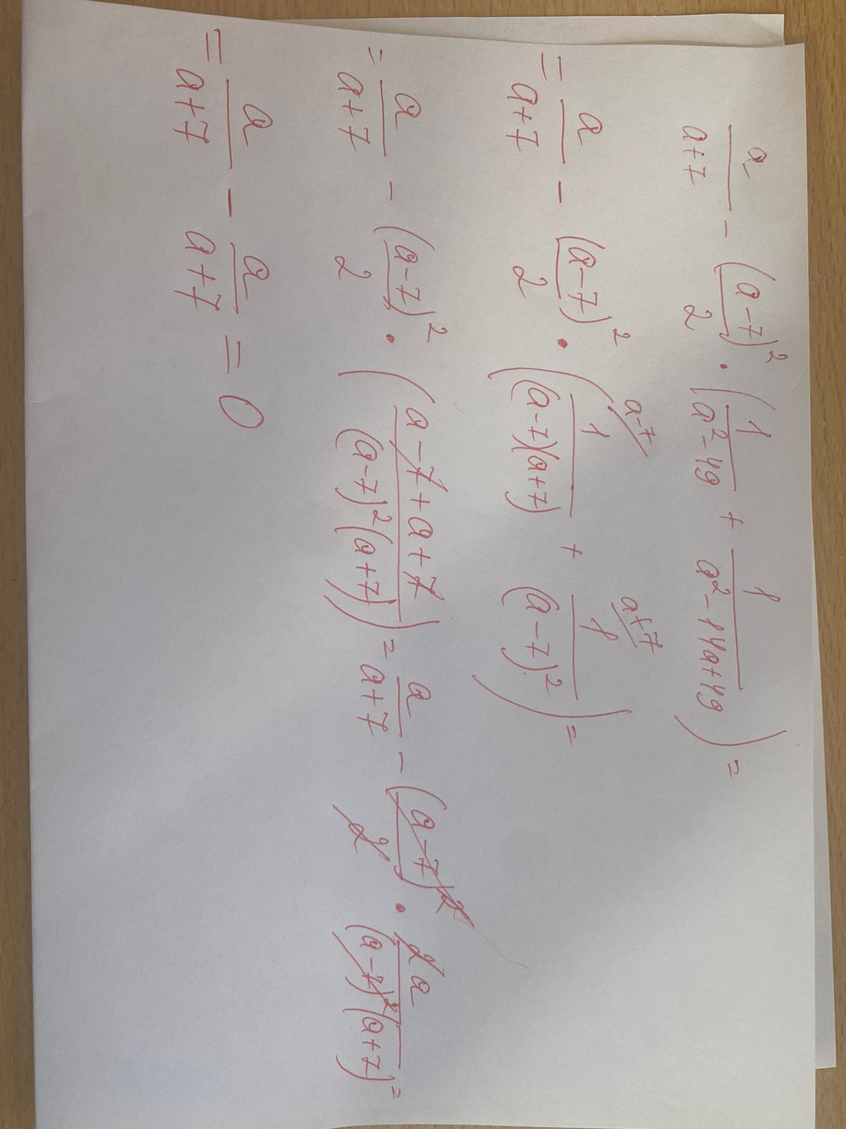 a/a+7-(a+7)^2/2*(1/a^2-49+1/a^2-14a+49)=a/a-7-(a-7)^2/2*(1/(a-7)(a+7)+1/(a-7)^2)=a/a+7-(a-7)^2*(a-7+