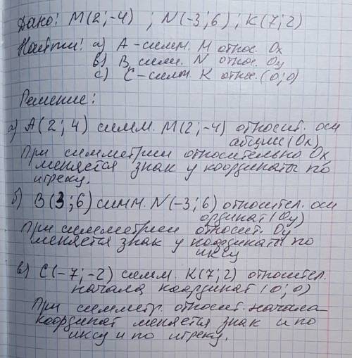 Даны точки m(2; -4), n(-3; 6) и k(7; 2) не выполняя построения, найдите а)координаты точки а, симетр