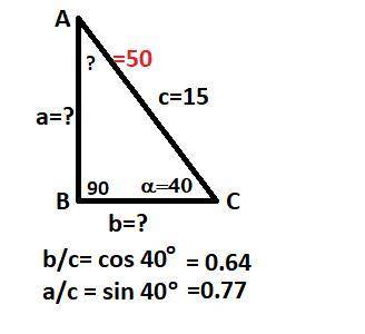 Найдите катеты и второй острый угол прямоугольного треугольника,гипотенуза которого с=15 и угол а=40