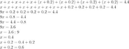 x+x+x+x+x+(x+0.2)+(x+0.2)+(x+0.2)+(x+0.2)=4.4\\x+x+x+x+x+x+x+x+x+0.2+0.2+0.2+0.2=4.4\\9x+0.2+0.2+0.2+0.2=4.4\\9x+0.8=4.4\\9x=4.4-0.8\\9x=3.6\\x=3.6:9\\x=0.4\\x+0.2=0.4+0.2\\x+0.2=0.6